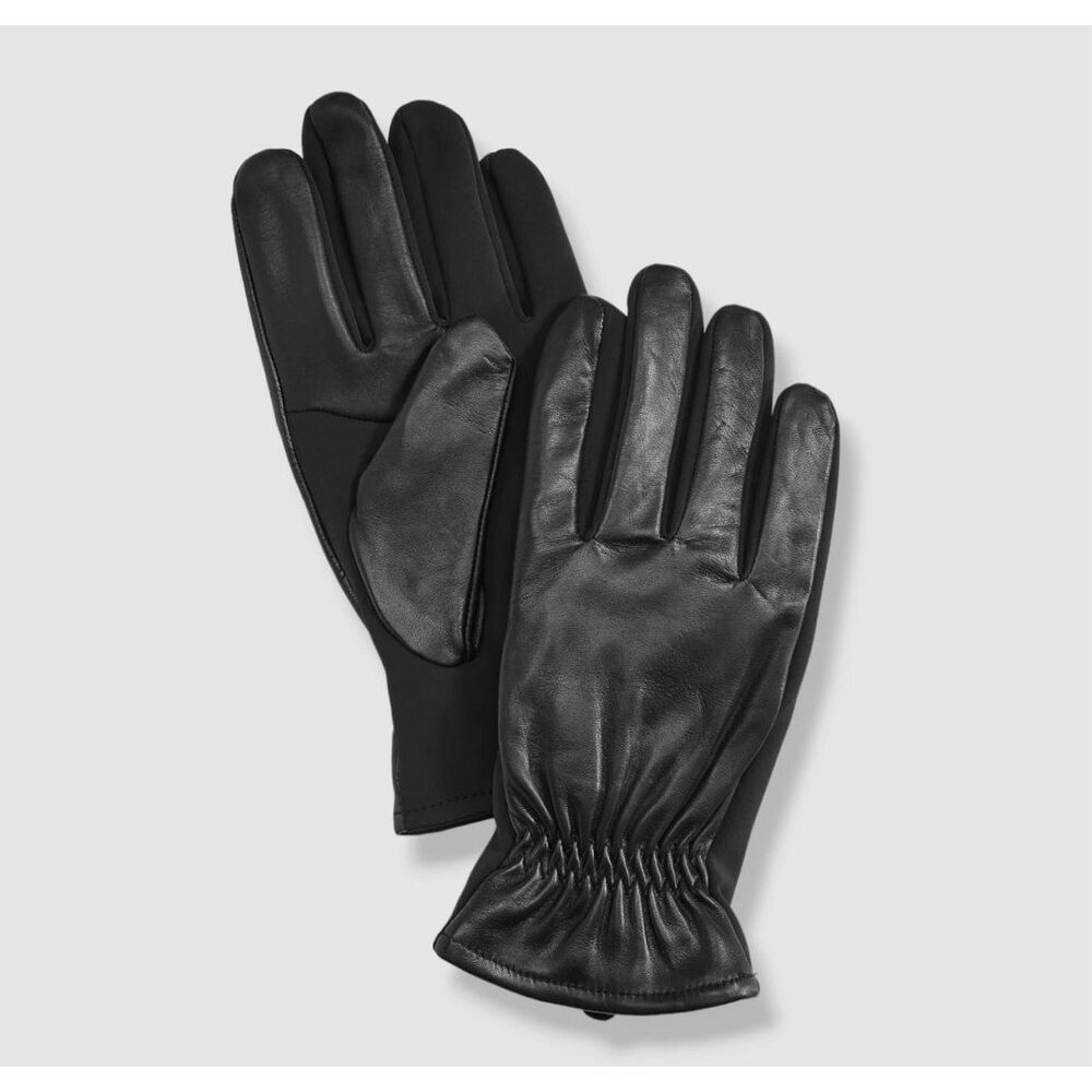FOWNES $78 Mens Black Leather Stretch Fabric Gloves S/M -NWT